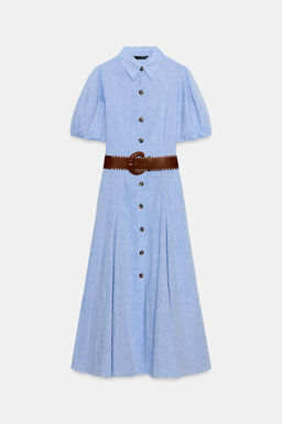 VESTIDO MIDI CON LINO CINTUR?N / Azul - Zara фото 7