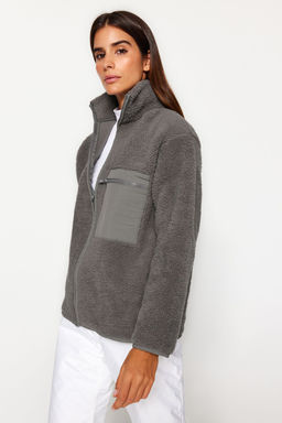 Winter Essentials Antrasit Kal?n Polar Fermuarl? Dik Yaka Cepli Orme Sweatshirt TWOAW24SW00071