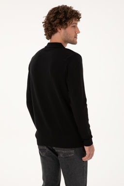 Erkek Slim Fit Yar_m Fermuarl_ Polo Yaka Siyah Kazak