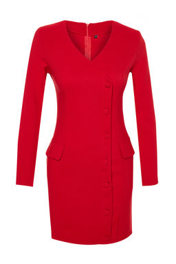 K?rm?z? Cep Detayl? Dugmeli V Yaka Dokuma Ceket Elbise TWOAW24EL00629 - Trendyolmilla фото 12