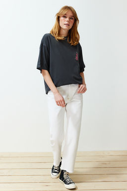 Antrasit On ve Arka Bask?l? Oversize/Genis Kal?p Bisiklet Yaka Orme T-Shirt TWOSS24TS00119