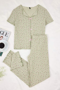 Yesil %100 Pamuklu Cicekli Kurdele/Fiyonklu Fitilli/Pointel Orme Pijama Tak?m? THMSS26PT00010 - Trendyolmilla фото 5