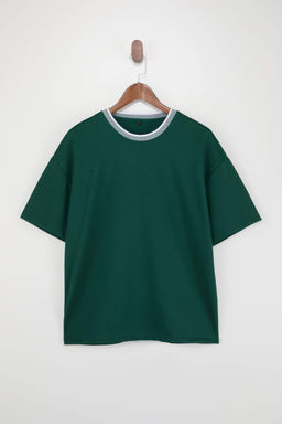 Haki Oversize/Genis Kesim Triko Bantl? Dokulu Pike T-Shirt TMNSS23TS00079