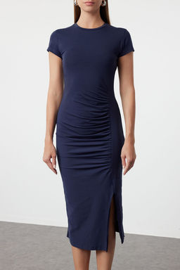 Lacivert Fitted/Vucuda Oturan Buzgu ve Y?rtmacl? Midi Pamuklu Esnek Orme Elbise TWOSS23EL00777
