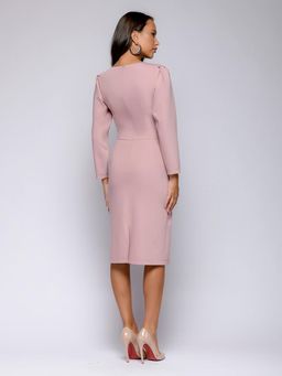 Платье розовое длины миди с асимметричным воротом и длинными рукавами - 1001dress фото 3