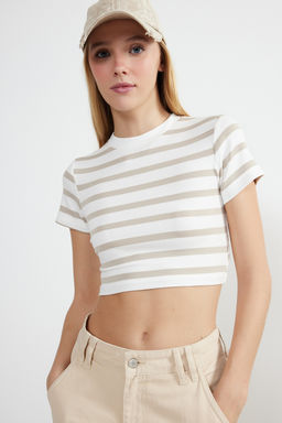 Trendyolmilla Premium Tas Ekru Cizgili Viskoz/Yumusak Kumas Crop Bisiklet Yaka Esnek Orme Bluz TWOSS23BZ00198 фото 11