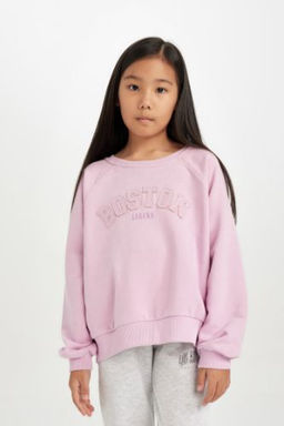 K?z Cocuk Pembe Oversize Genis Kal?p Bisiklet Yaka Bask?l? Sweatshirt
