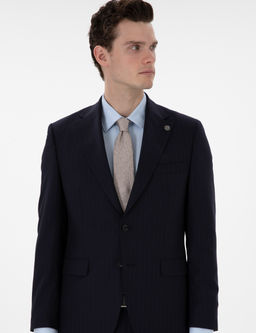 Lacivert Slim Fit _izgili %100 Y_n Tak_m Elbise