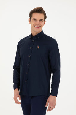 Мужская темно-синяя базовая рубашка с длинным рукавом