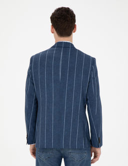 Lacivert Slim Fit _izgili Y_n Blazer Ceket