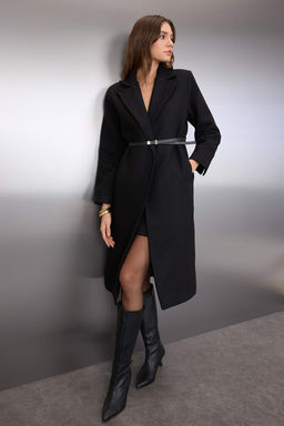 Siyah Deri Kemerli Diagonel Desenli Mono Kapama Regular Midi Kase Kaban TWOAW26KB00056 - Trendyolmilla фото 3