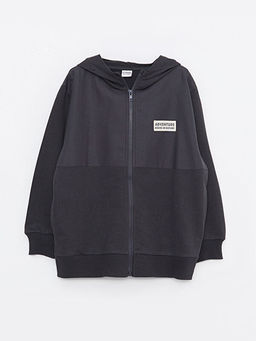 Kap??onlu Bask?l? Uzun Kollu Erkek ?ocuk Fermuarl? Sweatshirt
