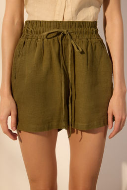 Haki %100 Keten Beli Lastikli Yuksek Bel Sort TWOSS26SR00019 - Trendyolmilla фото 3