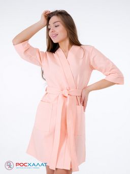 Женский укороченный вафельный халат с планкой нежно-персиковый В-01 (17)
