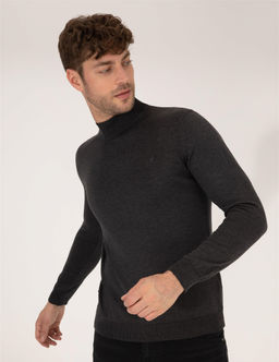 Antrasit Melanj Slim Fit Yar_m Bal_k__ Yaka Basic Triko Kazak