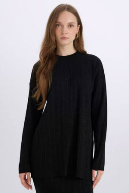 Relax Fit Bisiklet Yaka Basic Duz Triko Kazak Tunik