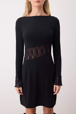 Siyah Dantel Detayl? Uzun Kollu K?sa/Mini Esnek Orme Elbise TWOAW26EL00221 - Trendyolmilla фото 3