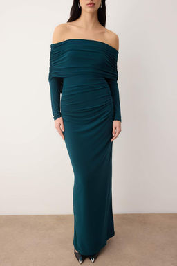 Limited Edition Kahverengi Buzgulu Carmen Yaka Esnek Maxi Orme Elbise TWOAW26EL00112 - Trendyolmilla фото 15