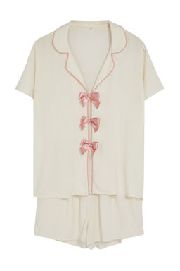 Trendyolmilla Beyaz Kurdele/Fiyonk ve Biye Detayl? Viskon Sortlu Dokuma Pijama Tak?m? THMSS24PT00290 фото 12