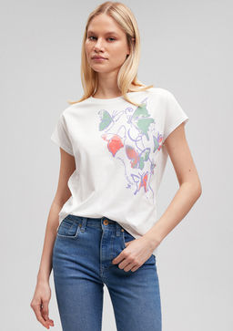 Kelebek Bask?l? Beyaz Tisort