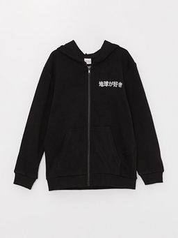 Kap??onlu Bask?l? Uzun Kollu Erkek ?ocuk Fermuarl? Sweatshirt