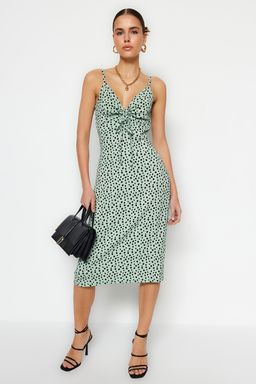 Mint Puantiye Bask?l? Burumcuk Belden Ac?lan/Skater Ask?l? Midi Orme Elbise TWOSS23EL01454