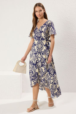 Lacivert Kusakl? Sal Desenli Anvelop Kapamal? Midi Dokuma Elbise TWOSS25EL00141