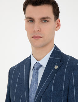 Lacivert Slim Fit _izgili Y_n Blazer Ceket