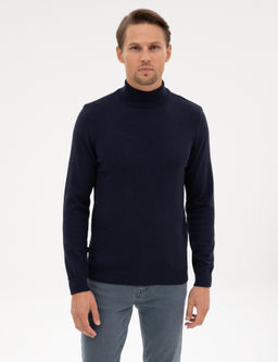 Lacivert Melanj Slim Fit Yar_m Bal_k__ Yaka Basic Triko Kazak