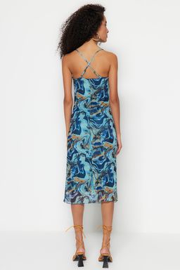 TRENDYOLMILLA Mavi Desenli Buzgulu Tul Bodycone/Vucuda Oturan Esnek Orme Elbise TWOSS23EL00646  фото 6