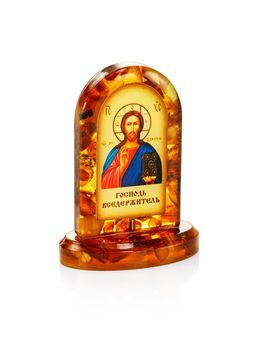 Икона Спас Вседержитель в литой оправе с янтарём