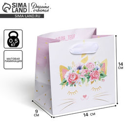 Цена за 2 шт. Пакет подарочный ламинированный квадратный, упаковка, «Кошка‒единорожка», 14 х 14 х 9 см