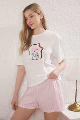 Kad?n Mini Me/Anne K?z Beyaz %100 Pamuklu Cizgili Bask?l? Sortlu Orme Pijama Tak?m? THMSS25PT00353