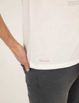 Ekru Slim Fit Bask_l_ Bisiklet Yaka Ti__rt