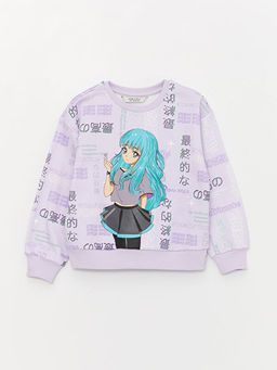 Bisiklet Yaka Bask?l? Uzun Kollu K?z ?ocuk Sweatshirt