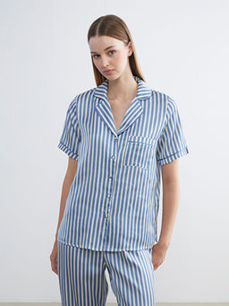 G?mlek Yaka ?izgili Kad?n Pijama Tak?m