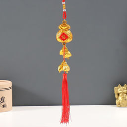 Цена за 2 шт. Подвеска пластик, текстиль "Золотые денежные мешки" 3х4,5х38 см