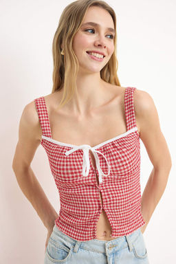 K?rm?z? Poti Kare Desenli Baglama Detayl? Esnek Orme Bluz TWOSS25BZ00234