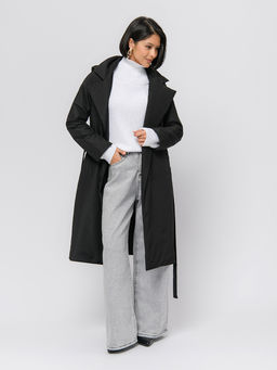 Плащ черного цвета с поясом и отложным воротником - 1001dress фото 2