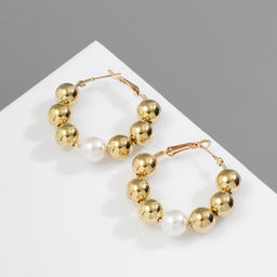 Серьги кольца QF Бусины, соединение, d=4.3 см, белые в золоте