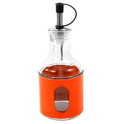 Бутылка для масла стеклянная В юбке 200мл, д6,5см, h16см, дозатор из нержавеющей стали, в металлической оплетке, микс цвета, цветная коробка (Китай)