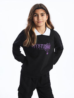 G?mlek Yaka Bask?l? Uzun Kollu K?z ?ocuk Sweatshirt