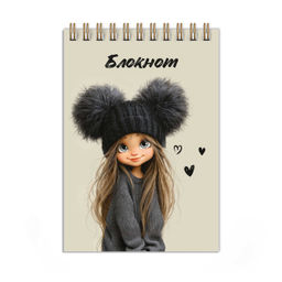 Блокнот, А6, 80 л, арт. 74035 ДЕВЧОНКА В ШАПКЕ / Блок - белый офсет 60 г/м?, клетка, гребень по коро