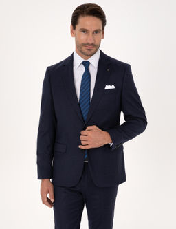 Lacivert Slim Fit Y_n Kar___ml_ Mikro Desenli Klasik Ceket