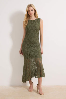 Haki Duz A-line Bisiklet Yaka Kolsuz Maxi Dantel Astarl? Orme Elbise TWOSS26EL00158