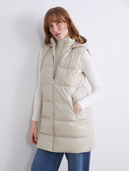 Kap??onlu D?z Deri G?r?n?ml? Kad?n ?i?me Yelek