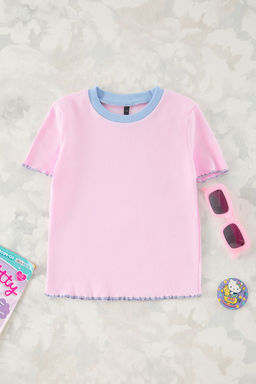 Ac?k Pembe K?z Cocuk Pamuklu Basic Regular Kal?p Kontrast Biye K?sa Kol Orme T-Shirt TKDSS25TS00024 - Trendyolmilla фото 4