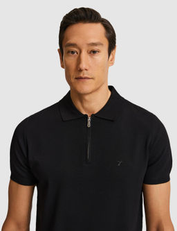 Siyah Slim Fit Fermuarl_ Polo Yaka Triko T-shirt