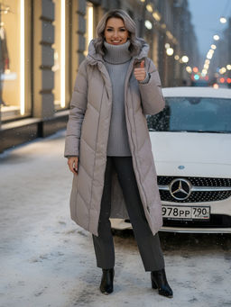 Пальто зимнее утепленное с капюшоном женское серого цвета 7628Sr - Mtforce фото 21