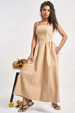 Сарафан джинсовый с корсетными линиями песочный